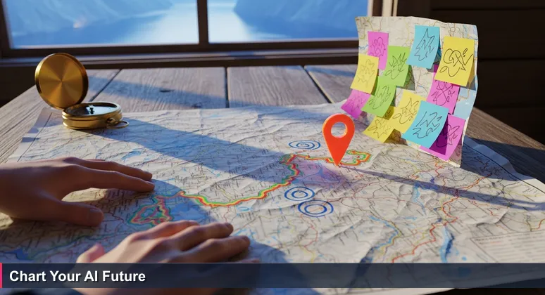 Close-up of hands holding a creased paper map with highlighted routes and notes, a compass on a wooden table, and a view of Norwegian morning light over fjords through a window.