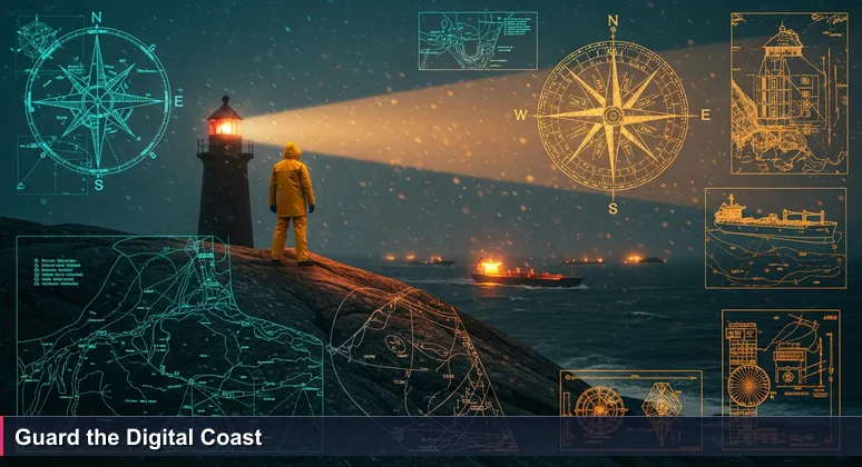 Lighthouse keeper on a stormy Norwegian coast, symbolizing cybersecurity professionals guarding digital infrastructure.