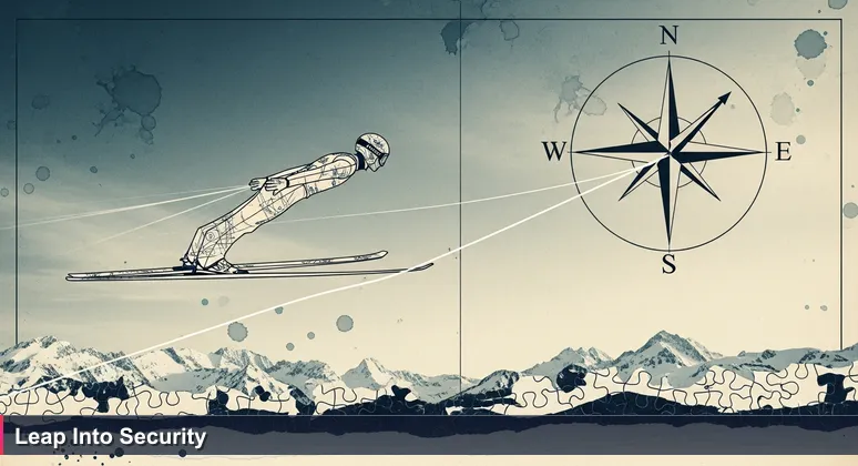 A ski jumper in mid-flight against a Nordic sky, symbolizing the leap into Norway's tech career and social safety net.