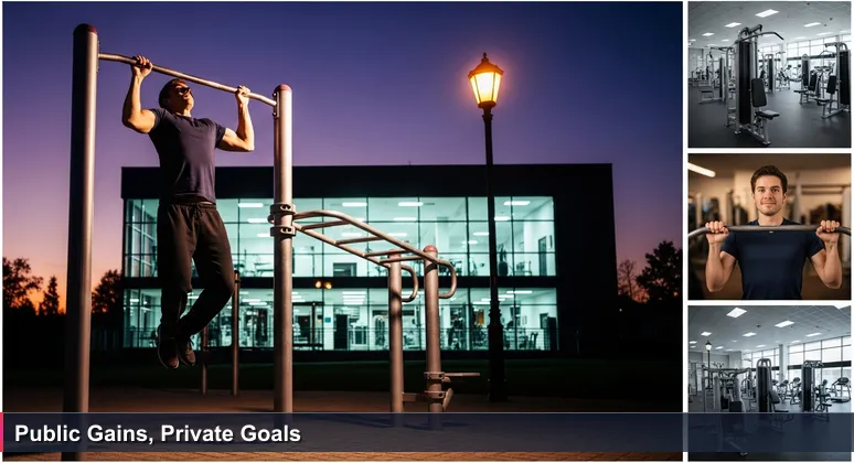 A determined person using free outdoor fitness equipment in a Norwegian park at dusk, with a private gym glowing in the background, symbolizing accessible tech training.