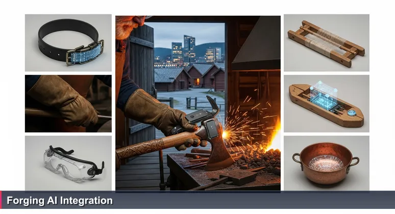 Weathered hands at a forge fitting a modern sensor into a traditional tool handle, with Oslo's historic and modern architecture in the background.