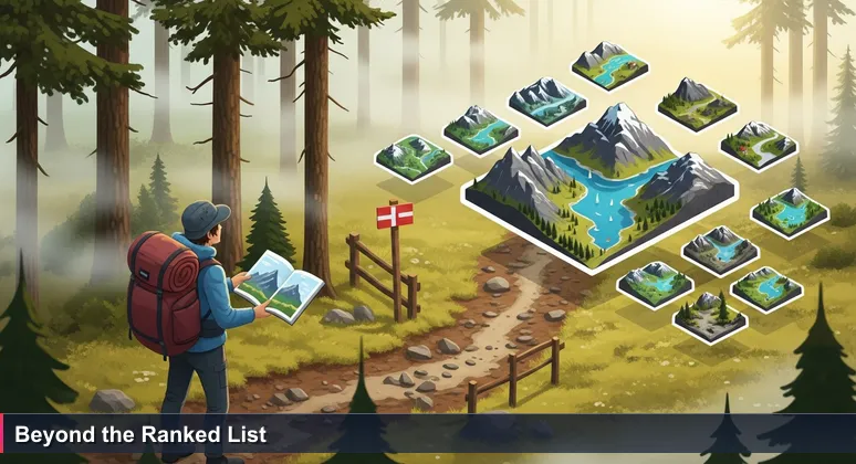 A hiker standing at a misty forest trail junction in Norway, holding a guidebook and looking at an unmarked path.