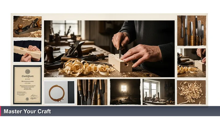 Skilled hands carving wood in a Norwegian workshop, symbolizing the value of practical skills over formal degrees in Norway's tech industry.