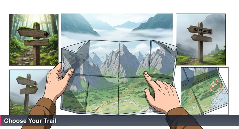 A hiker's hands holding a weathered map of Jotunheimen with two moss-covered signposts, symbolizing career choices for junior developers in Norway.