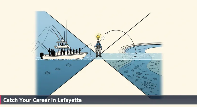 An angler on a crowded charter boat gazes towards a vibrant bayou, symbolizing overlooked tech career opportunities in Lafayette, Louisiana.