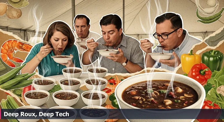 Judges at a Louisiana festival tent tasting gumbo from cast-iron pots, symbolizing the evaluation of AI startups in Lafayette.