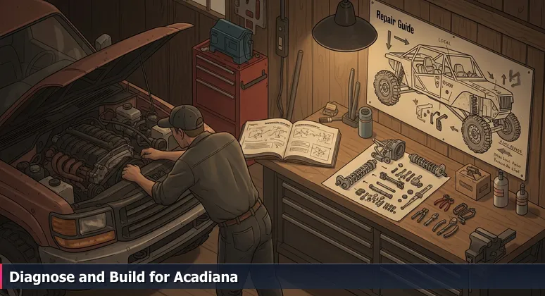 A mechanic in an Acadiana garage leans under a mud-splattered pickup truck, with a repair guide and custom schematic on a workbench, symbolizing AI engineering for local industries.