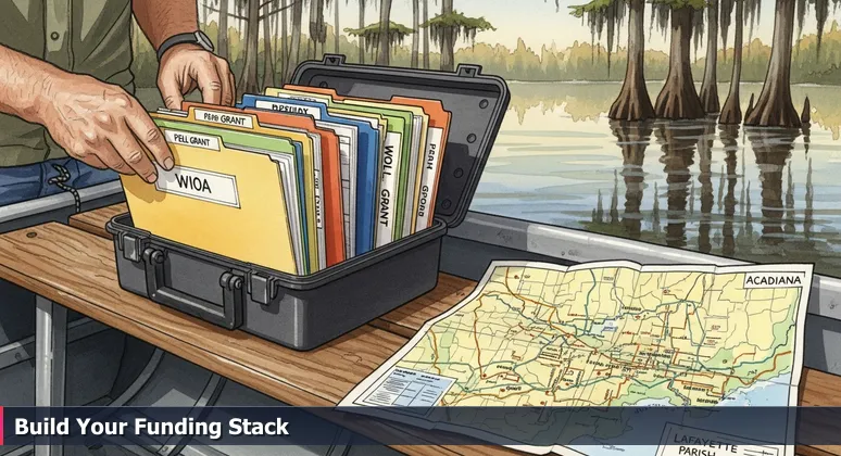 Hands assembling a fishing tackle box with folders labeled for funding programs like WIOA and M.J. Foster Promise in an Acadiana skiff on the Atchafalaya Basin, symbolizing strategic preparation for tech training in Lafayette.