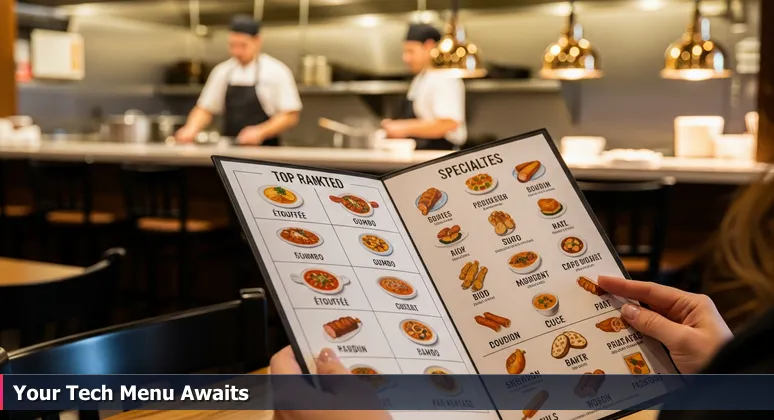 A person's hands holding a laminated Cajun restaurant menu with dishes like crawfish étouffée, symbolizing the choice of tech career pathways in Lafayette.