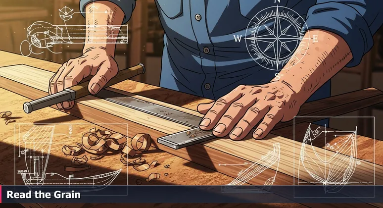 Close-up of a boat builder's hands feeling the grain of a cypress plank in a Lafayette workshop, symbolizing deep local knowledge in cybersecurity careers.