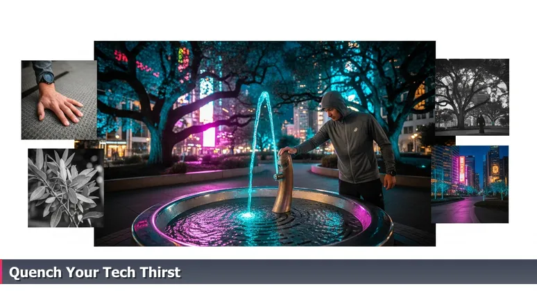 A runner in Girard Park, Lafayette, drinking from a public water fountain, symbolizing free access to tech training resources.