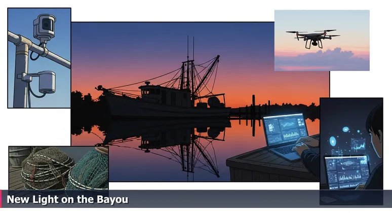 Predawn scene on Bayou Vermilion with a shrimp boat and laptop glow, symbolizing AI integration in Lafayette's traditional industries like energy and healthcare.