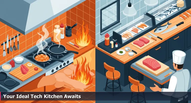 A chef in a professional kitchen choosing between cooking stations, symbolizing the search for the right tech coworking space in Lafayette, LA for AI and machine learning professionals.