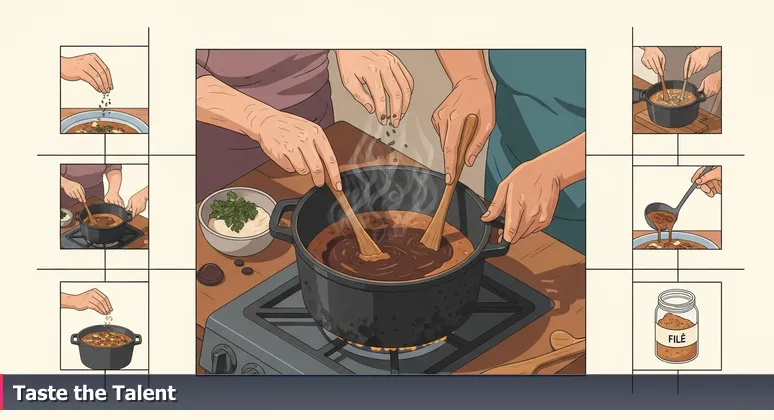 Close-up of intergenerational hands tasting dark gumbo roux from a cast-iron pot over a stove, symbolizing skill-based judgment in Lafayette's tech hiring.