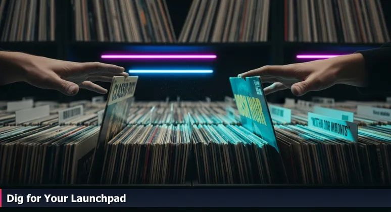 Hands flipping through vinyl records in a record store, symbolizing the search for the right tech startup in Lafayette for junior developers.