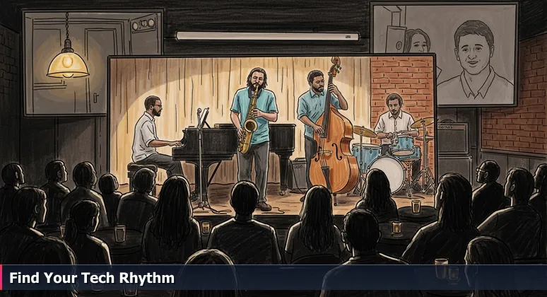 A jazz ensemble improvising on stage in a dimly lit Lafayette club, symbolizing the collaborative support for women in tech.