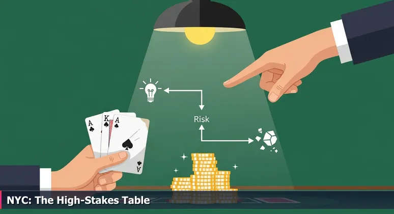Close-up of a poker table with chips and cards, representing the high-stakes nature of tech careers in New York City.