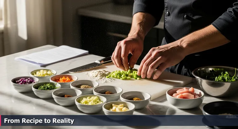 A chef's meticulously organized countertop with bowls symbolizing AI skills like Python and math, set against the New York City skyline, illustrating the journey to becoming an AI engineer.