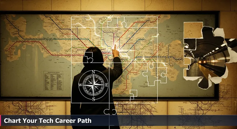Person at Times Square subway station tracing routes on a colorful, tangled subway map that represents tech training funding layers in NYC.