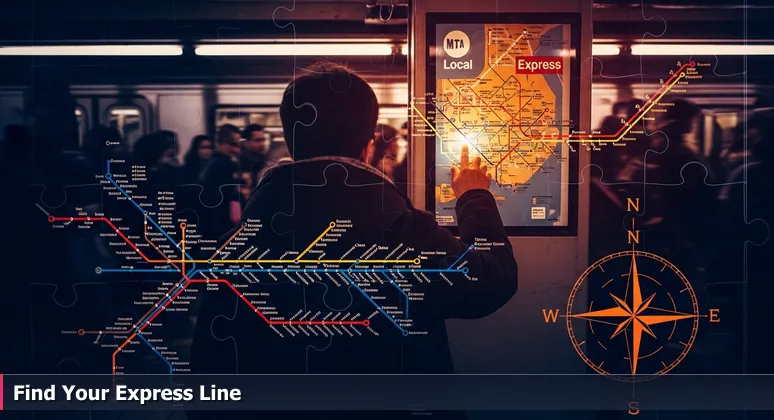 A person on a crowded New York City subway platform hesitating between local and express train lines on an illuminated MTA map, symbolizing the choice in AI networking events.