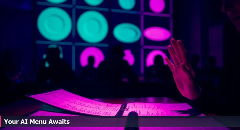 A person in a bustling New York City restaurant looking overwhelmed by a menu labeled 'Top 10 AI Companies', symbolizing the high-stakes choice of an AI engineering career.