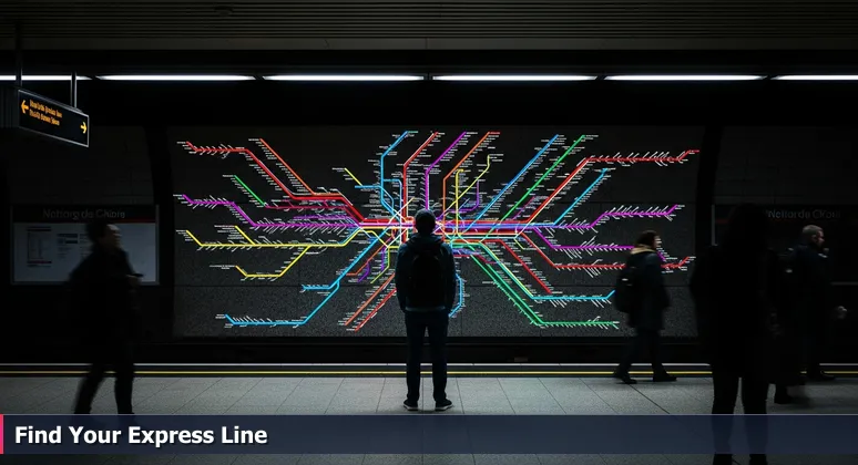 A person in a New York City subway station gazing at a complex train route map, symbolizing the choice of tech career paths for 2026.