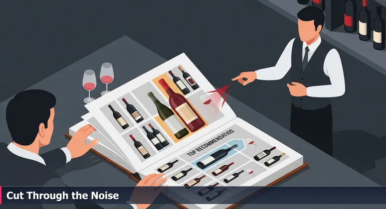 Hands nervously turning a leather-bound wine list in a dim NYC restaurant, with a sommelier pointing to a recommendation, symbolizing expert guidance for choosing AI bootcamps.