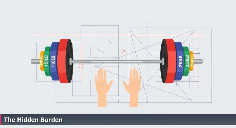 Close-up of hands in a gym staring at a barbell with various weight plates, symbolizing the cumulative financial burden of living in New York City for tech professionals.