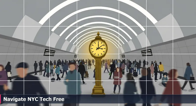 A low-angle view of Grand Central Terminal during rush hour with the iconic four-faced clock in sharp focus, symbolizing navigation in NYC tech training.