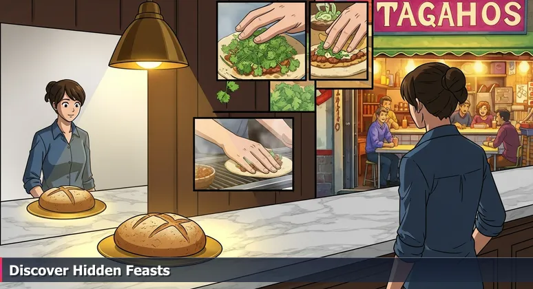 A crowded Chelsea Market food hall scene: tourist focused on overpriced artisanal bread, while a vibrant taqueria hides in the background, symbolizing overlooked AI job opportunities in NYC.