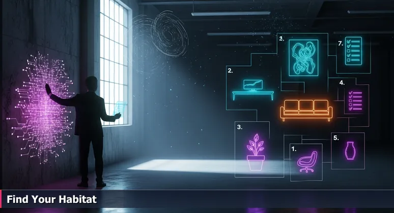 A hopeful entrepreneur stands in an empty, sunlit Brooklyn apartment, holding a checklist and touching a raw brick wall, symbolizing the search for the perfect tech coworking space in New York City.