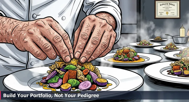 A chef's skilled hands plating a dish in a bustling kitchen, with a blurred diploma in background, symbolizing practical expertise over formal education in NYC tech careers.