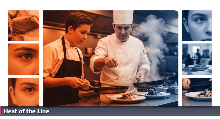 A young sous chef with a smudged apron, face lit by kitchen heat, watching the head chef point urgently between a sizzling pan and a plate during a busy dinner rush.