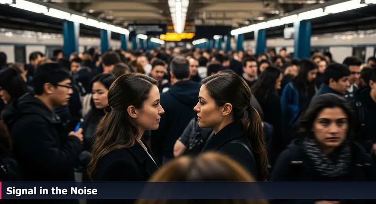 Two women making eye contact on a crowded Union Square subway platform, symbolizing finding community in NYC's tech industry.