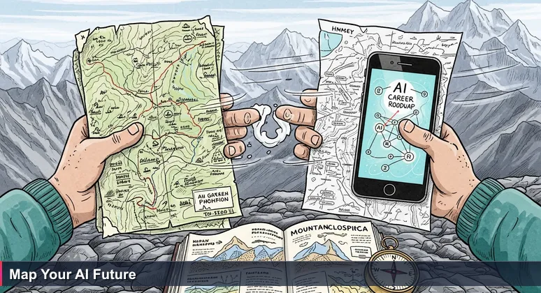 Hands holding a detailed map and smartphone with AI infographic, representing the decision between local and global paths for an AI career in Nepal.