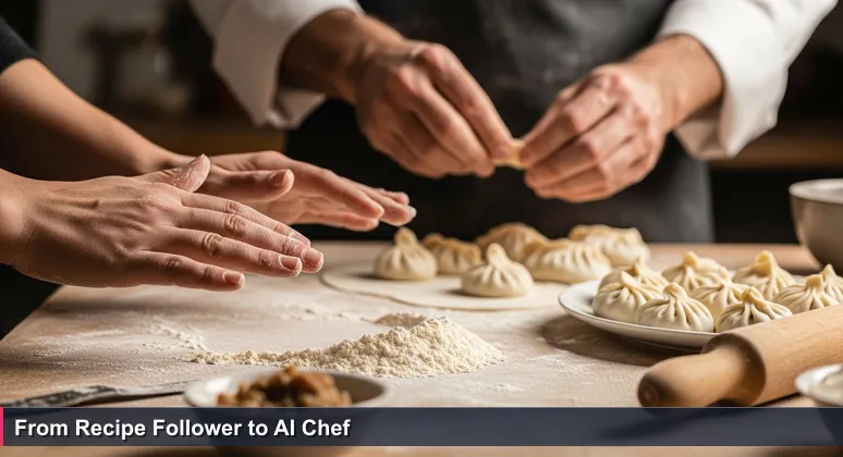 Close-up of tense hands over a momo recipe, with confident chef hands folding dough in background, symbolizing the journey from following instructions to mastering AI engineering in Nepal.