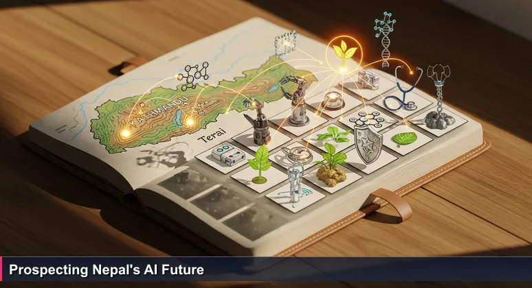 A worn leather-bound notebook open on a wooden desk, featuring a hand-drawn map of Nepal with circles around Kathmandu, Pokhara, and the Terai, and sketches of AI elements like a robot, stethoscope, plant, and shield with scribbled notes.