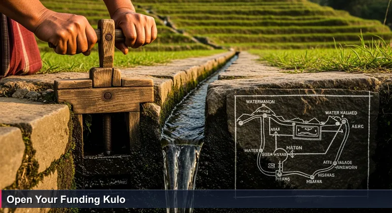 A farmer's weathered hands opening a wooden sluice gate in an irrigation channel, symbolizing intentional navigation of funding for tech training in Nepal's terraced Kathmandu Valley landscape.