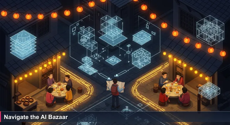 A person standing at a bustling Kathmandu night market, overwhelmed while holding an event map, surrounded by lively groups discussing AI and technology.