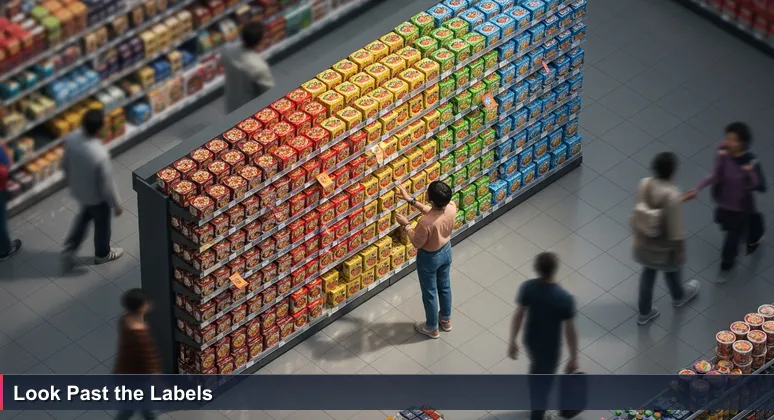 A person in a Kathmandu supermarket aisle, hesitating before a wall of Wai Wai noodle packets, symbolizing the challenge of choosing an AI bootcamp.