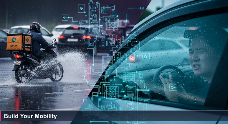 A motorbike and car on Kathmandu's Ring Road during rain, symbolizing different career paths in Nepal's tech industry for 2026.