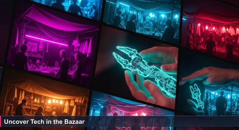 Hands holding a tech tool in a vibrant Nepali bazaar, symbolizing accessible free tech training opportunities in community hubs.