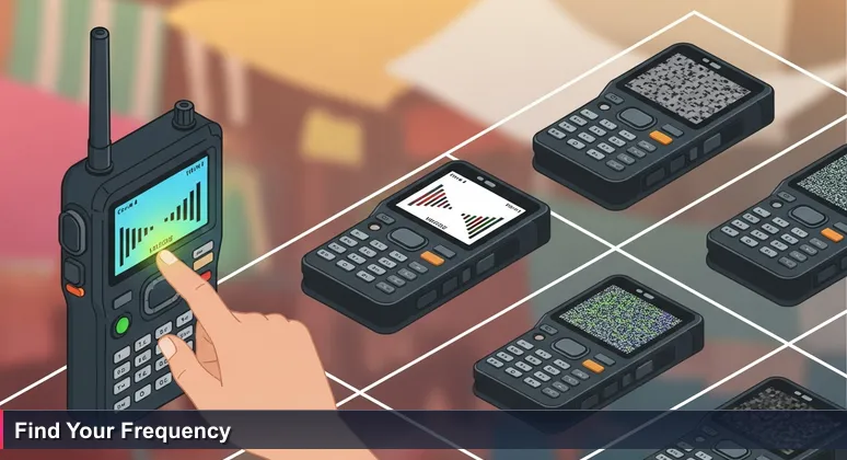 A close-up of a hand-held radio scanner in a busy Kathmandu market, tuned to a clear signal symbolizing targeted AI career opportunities in Nepal's industries.