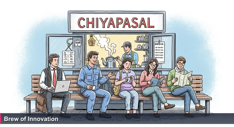 A Nepali chiyapasal at dawn with diverse people sharing a bench, symbolizing the collaborative spirit of Nepal's tech coworking spaces and incubators.