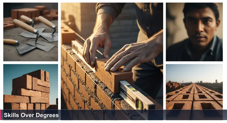 Close-up of skilled hands building a brick wall in Kathmandu, symbolizing career growth in Nepal's tech industry without a formal degree.