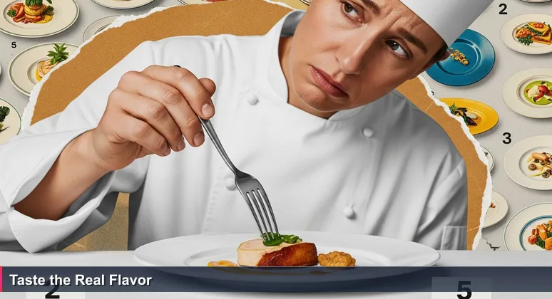 A cooking show judge tasting a dish with a subtle look of disappointment, representing the search for meaningful tech careers in Nepal's startup ecosystem.