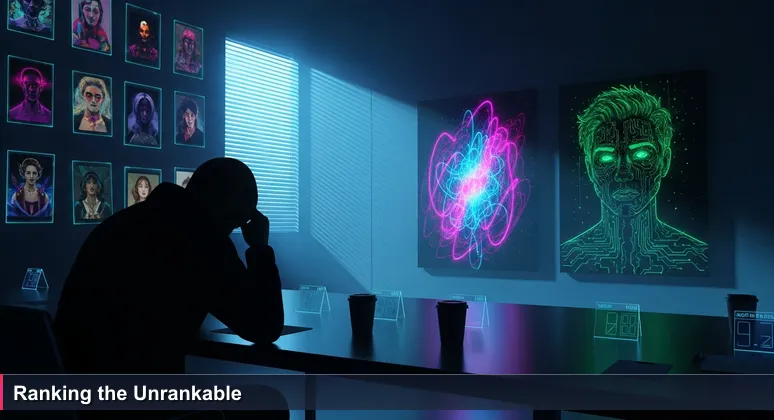 A person in a dim jury room, conflicted between choosing a vibrant abstract painting and a detailed portrait, symbolizing the challenge of ranking diverse tech groups.