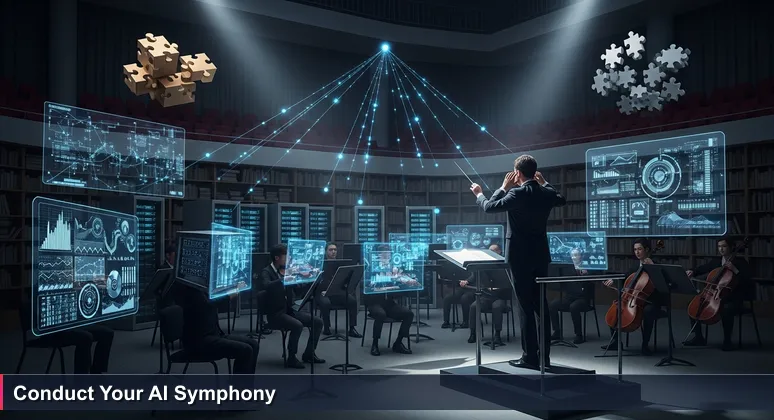 A conductor leading an orchestra where instruments are AI components like server racks and data streams, symbolizing AI orchestration in Liechtenstein's 2026 career landscape.