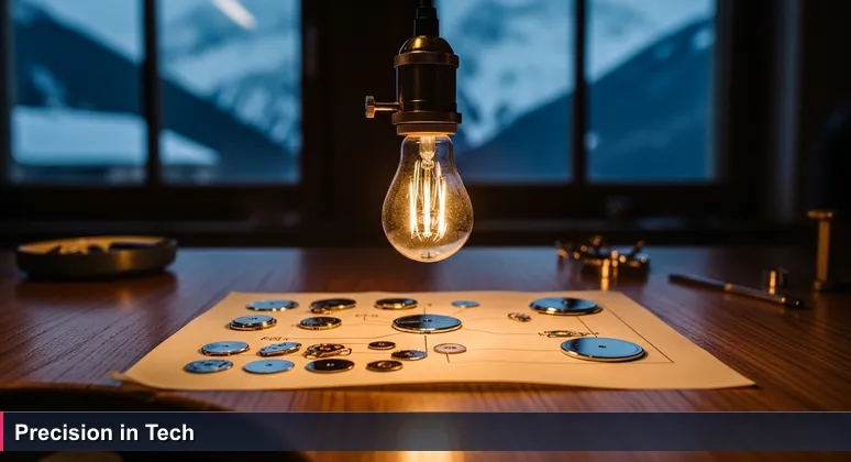 Close-up of a watchmaker's hands assembling a delicate gear under a lamp, with Alpine mountains in the background, symbolizing Liechtenstein's precise and stable tech ecosystem.