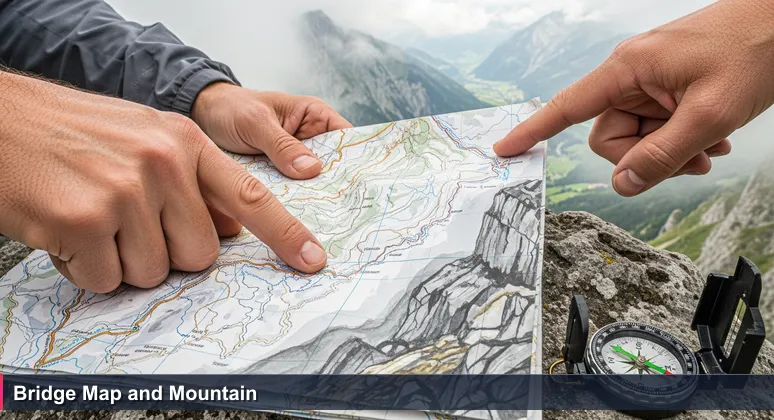 Weathered Alpine guide's hands on a rocky pass, holding a map of the Rhine Valley while pointing to a foggy valley, symbolizing the journey to AI engineering in Liechtenstein
